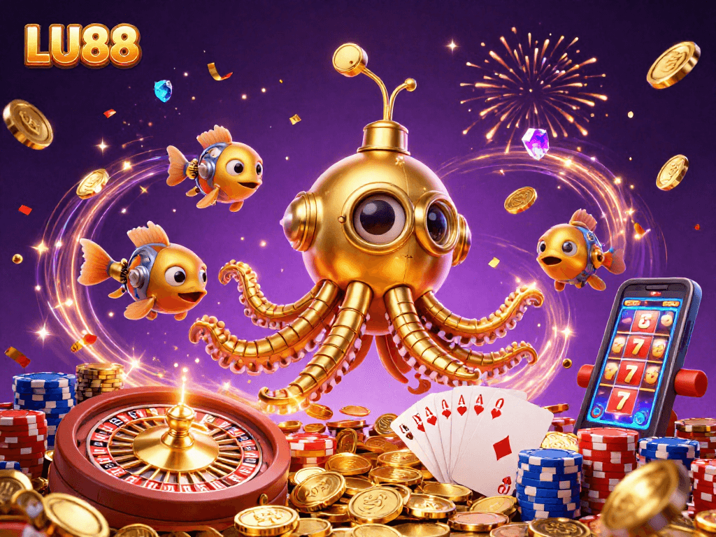 LU88 spins the reels in a dynamic casino scene with golden tentacles and sparkling action.