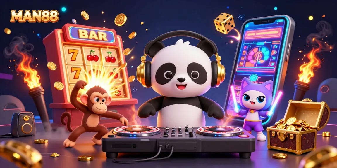 Experience the thrill of MAN88 with a vibrant 3D casino scene featuring exciting characters and games.