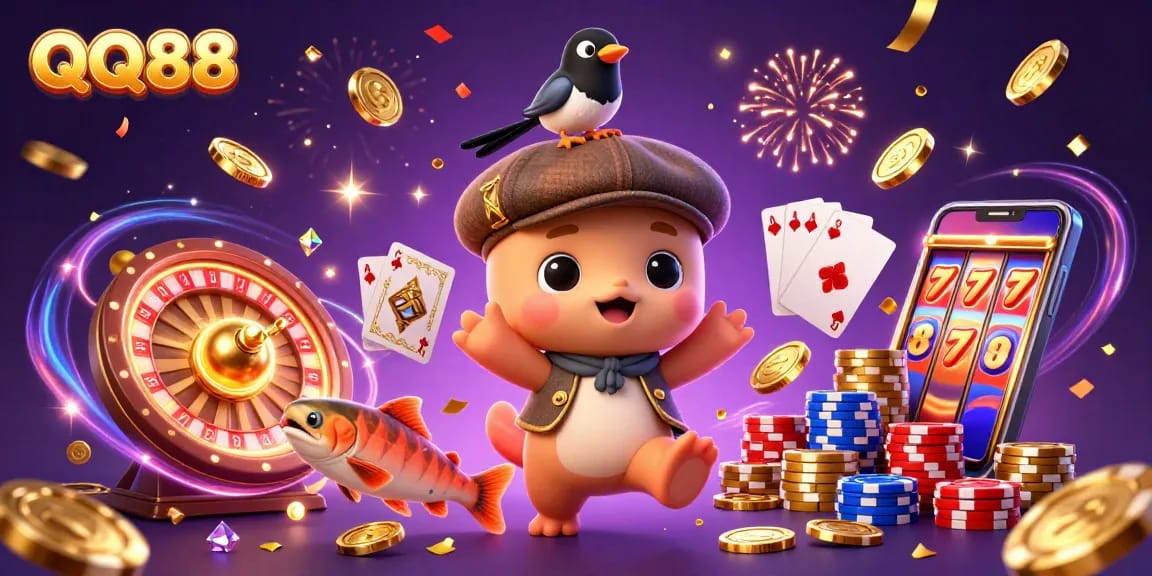 Engage in exciting gameplay with QQ88, showcasing a vibrant scene of casino elements and colorful characters.