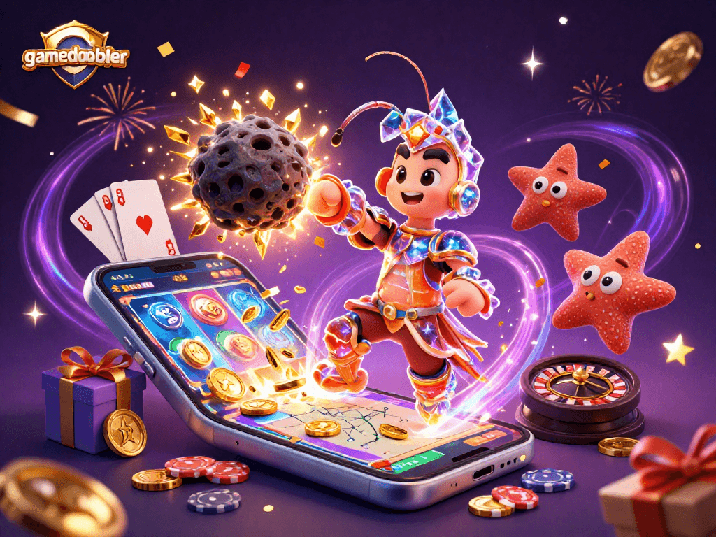 Experience gamedoubler's thrilling play as a mantis shrimp punches through an asteroid bursting into gems.