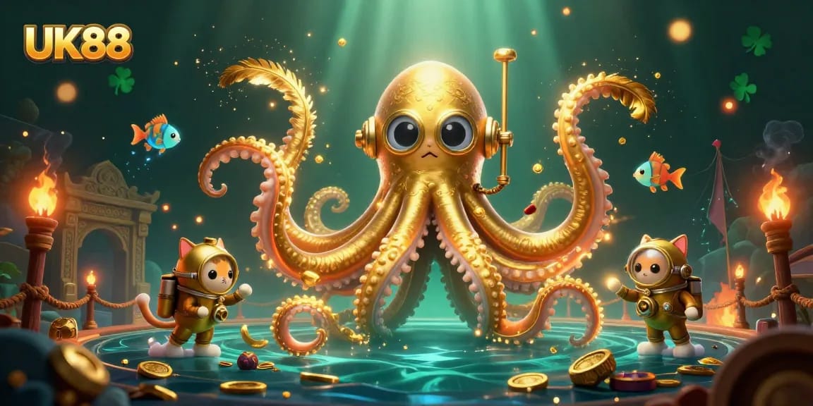 Experience UK88's thrilling gameplay with the colossal kraken and diving cat battling for treasure!