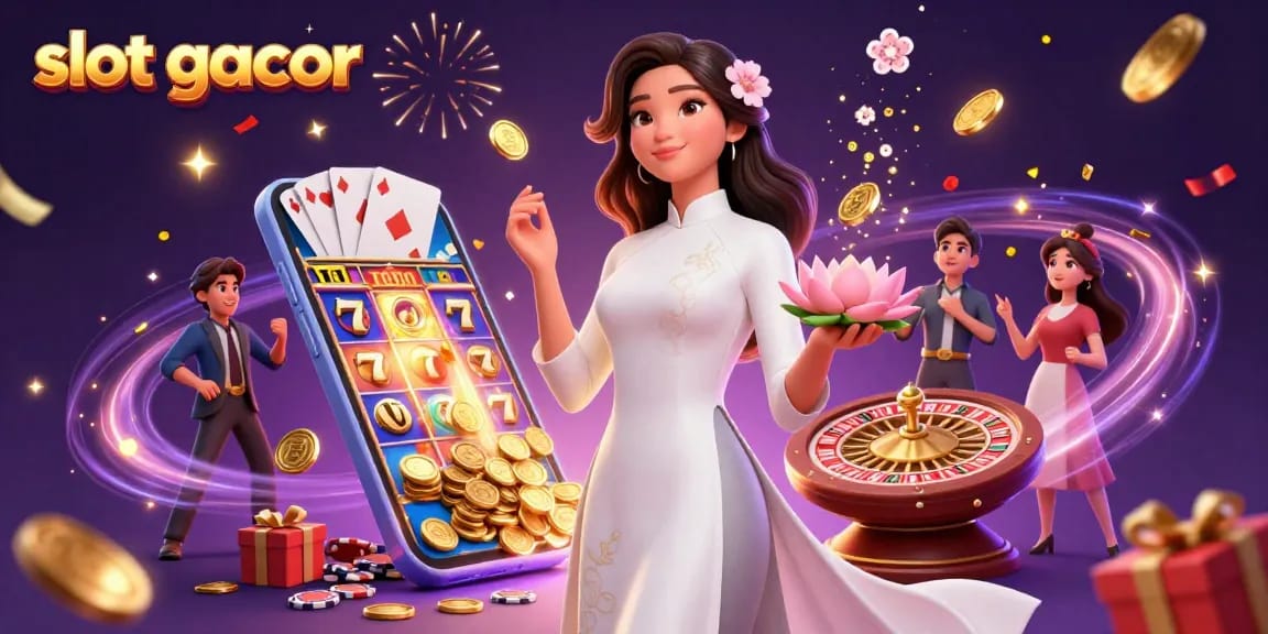 Win big with slot gacor in this vibrant casino scene featuring stunning game elements and characters.