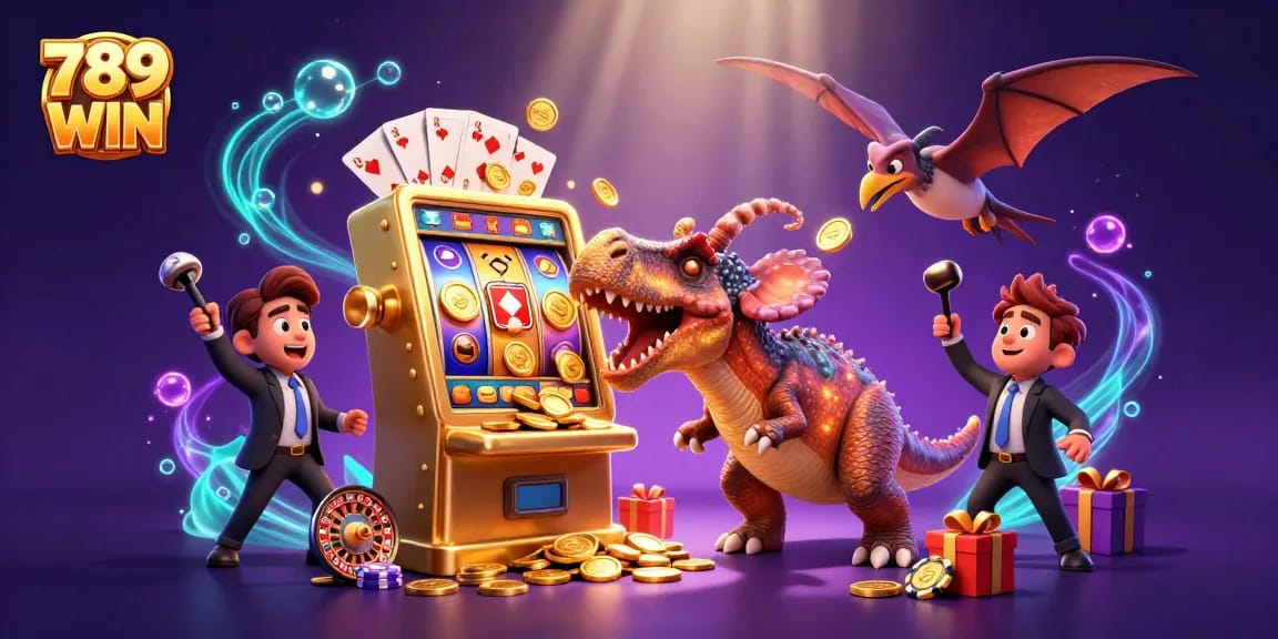 Experience 789 WIN jackpots with cartoon dinosaurs amidst vibrant casino elements.