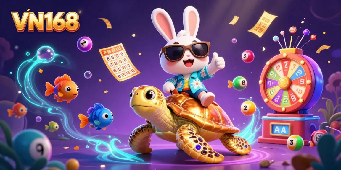 Join the fun with VN168 as the lucky rabbit rides the golden turtle in a vibrant gambling scene.