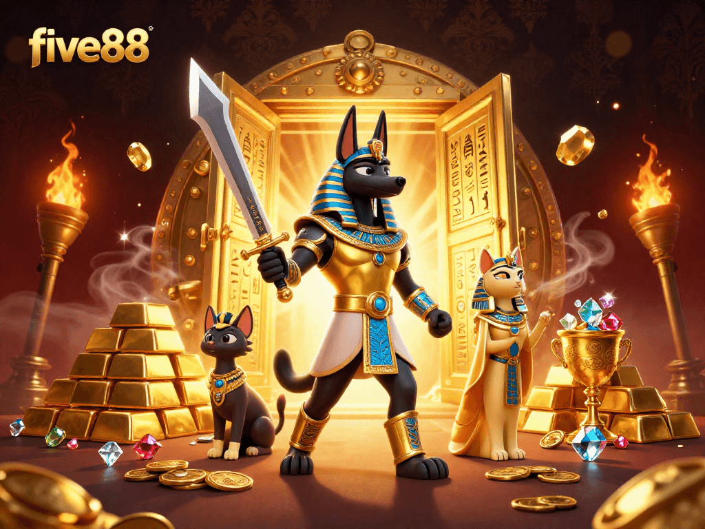Experience the excitement of five88 with Anubis and Bastet amid treasures and glowing luck symbols.