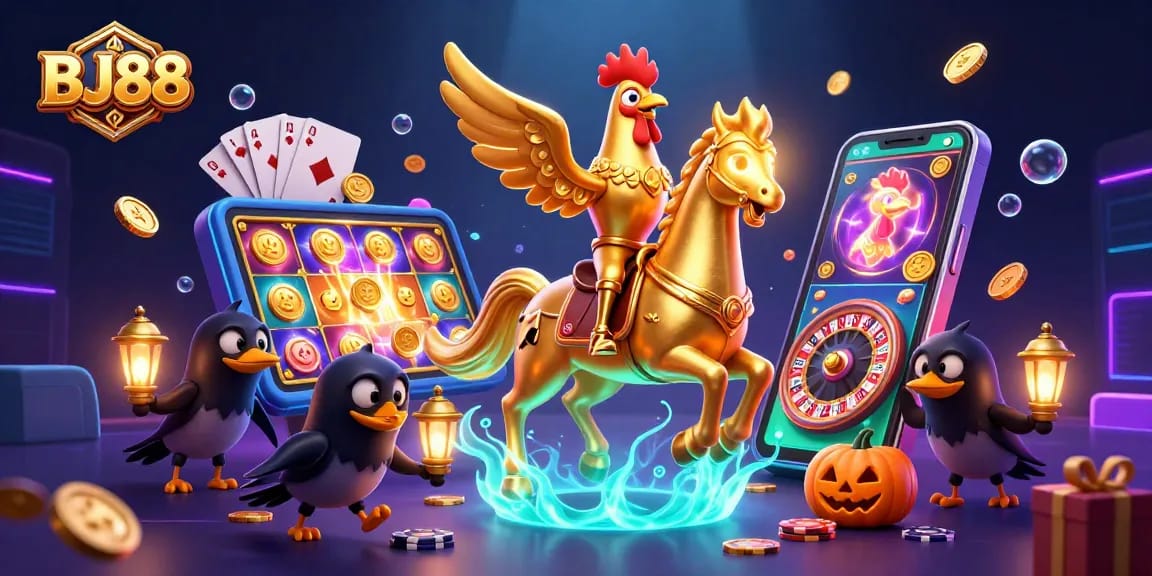 Engage with BJ88's vibrant casino scene showcasing games, golden rooster, and dynamic elements.