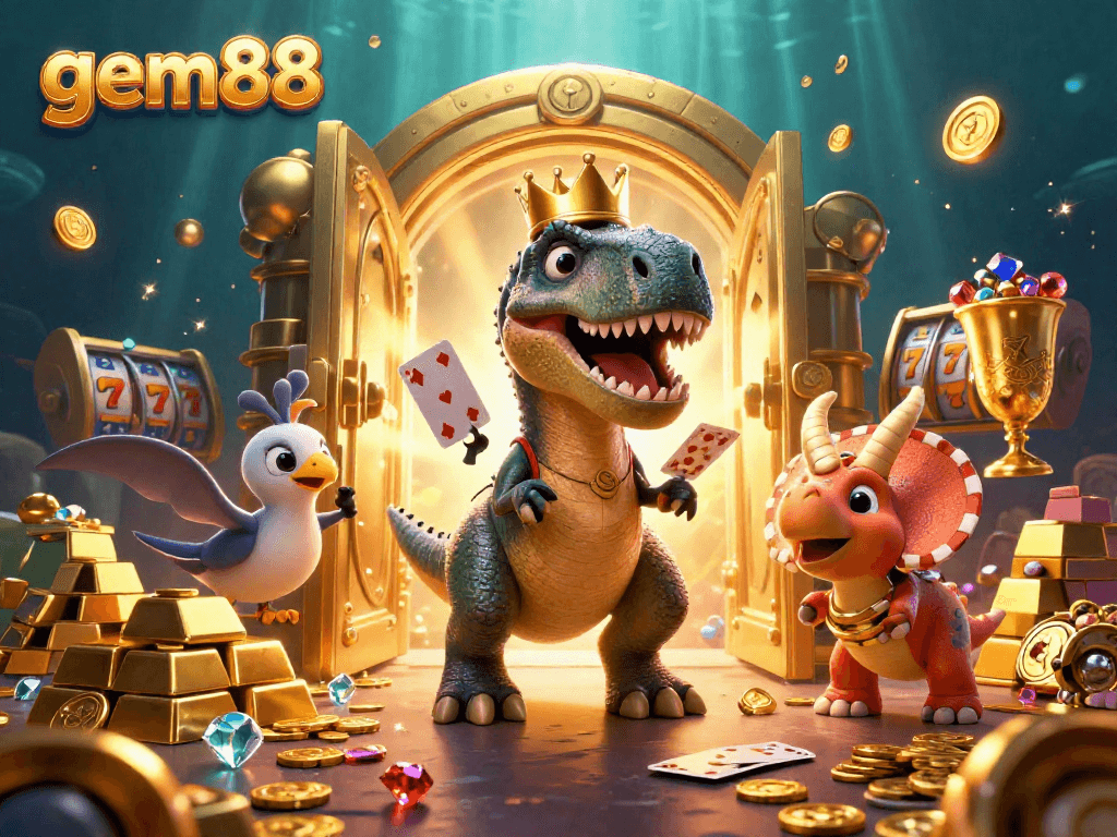 Experience gem88's dynamic casino thrills with a playful T-Rex and friends amid gold and slot fun.