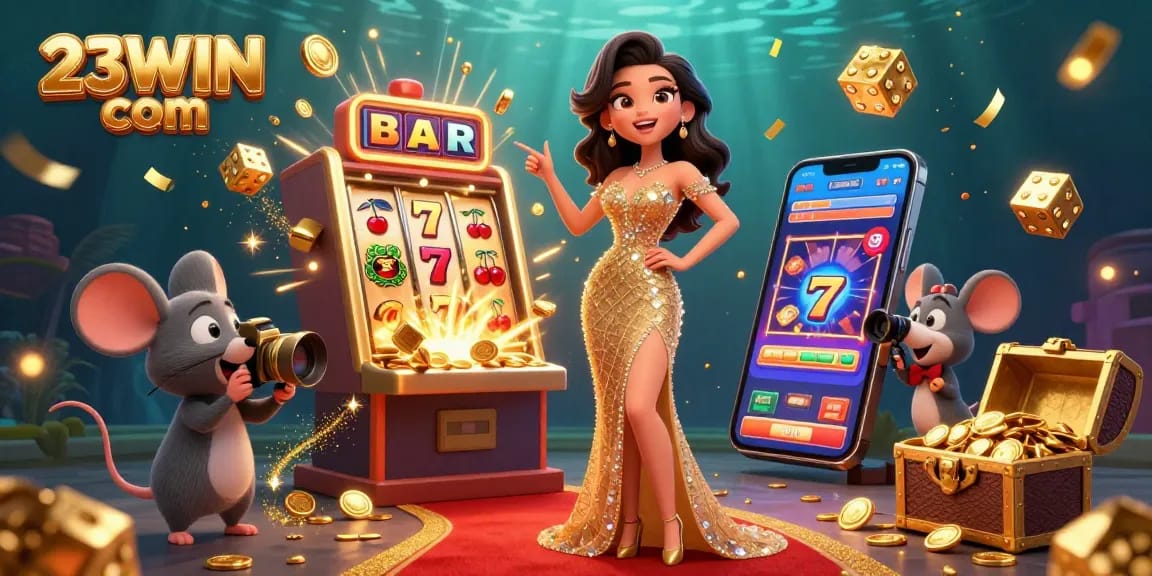Experience thrilling gameplay at 23WIN com with this vibrant 3D casino jackpot scene full of excitement.