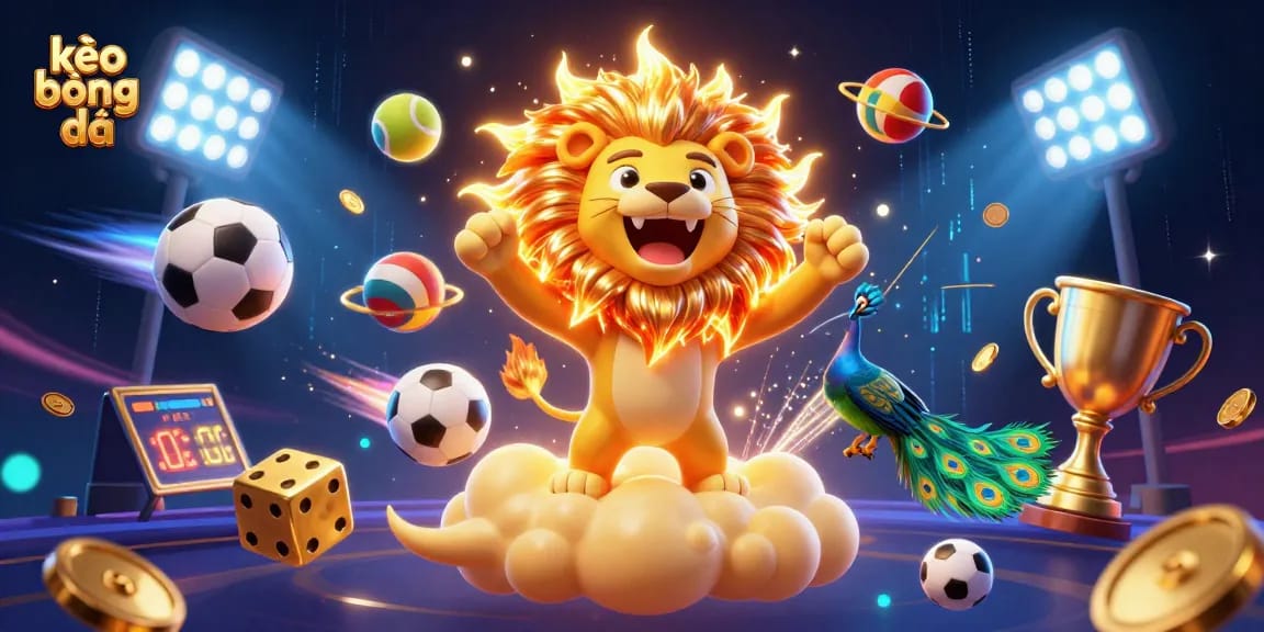 Engage with kèo bóng đá insights through a dynamic 3D sports betting scene featuring animated sports elements.