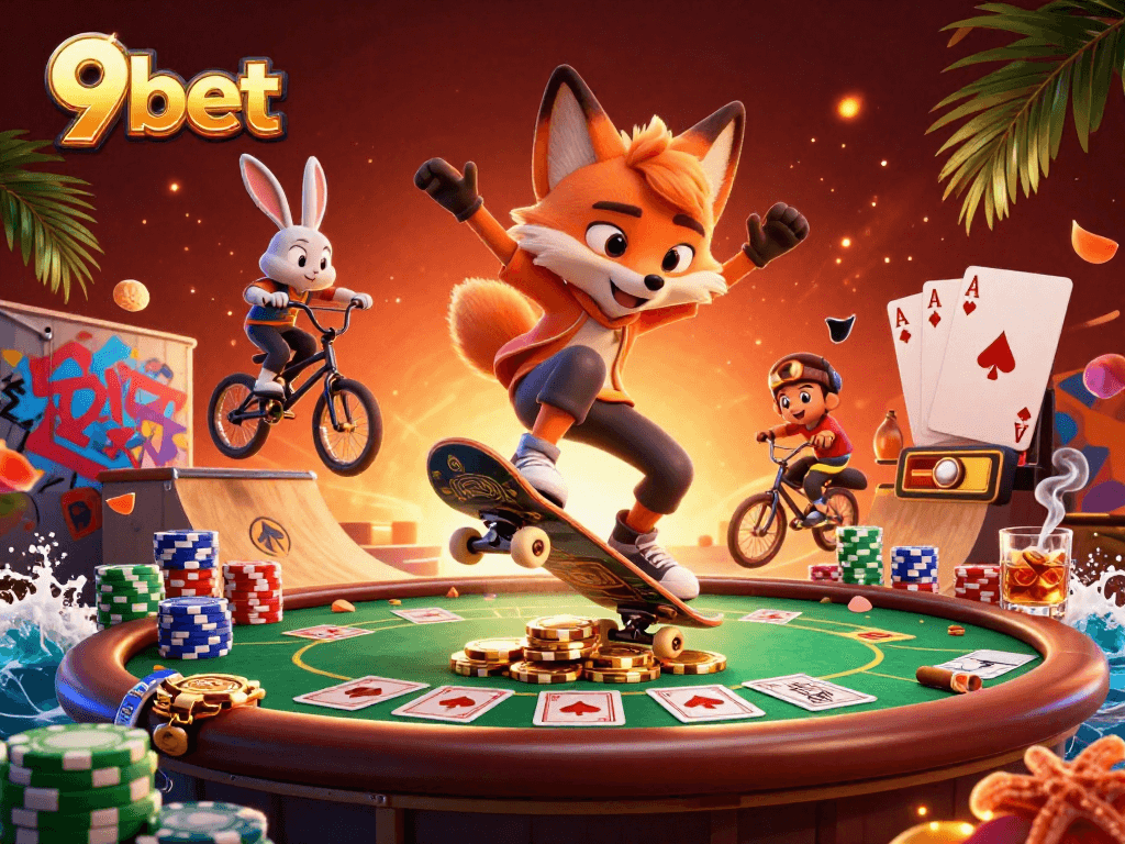 9bet showcases an energetic scene with a skateboarder fox and BMX rabbit, surrounded by vibrant casino elements.