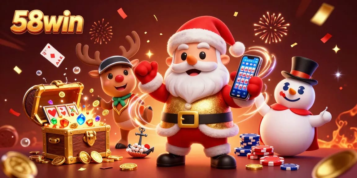 Experience the thrill at 58win with an exciting casino scene featuring Santa and friends around slot reels.