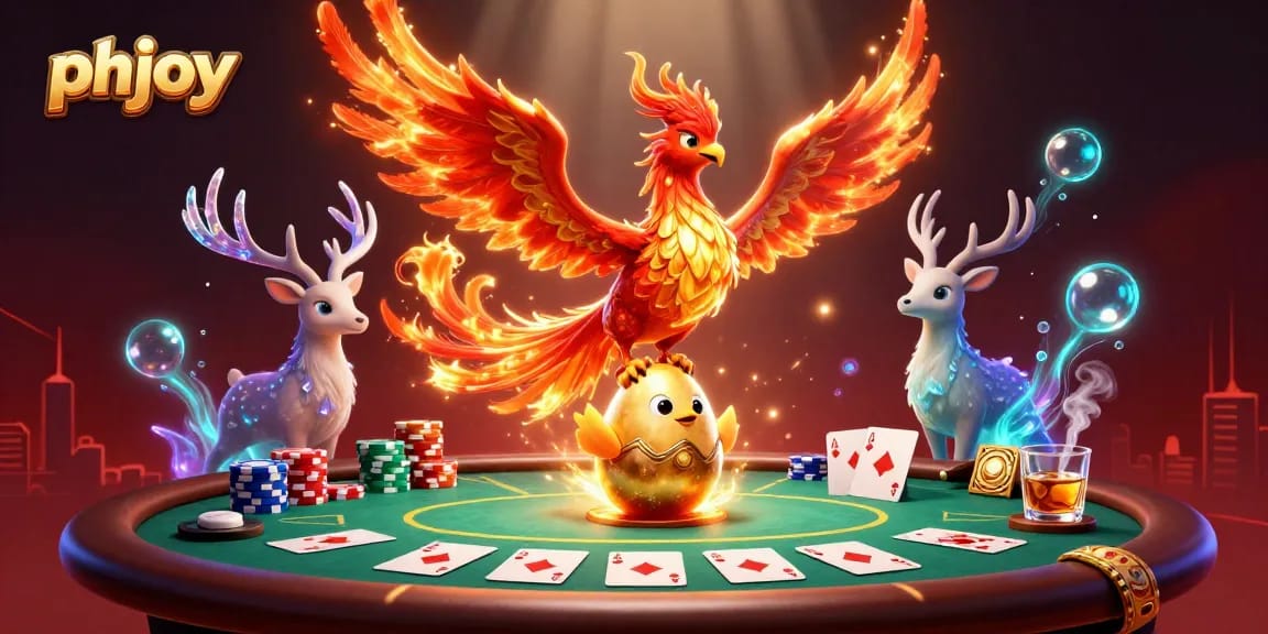 Engage with phjoy at the poker table, where a 3D phoenix and chick symbolize luck amid vibrant, casino-themed illustrations.