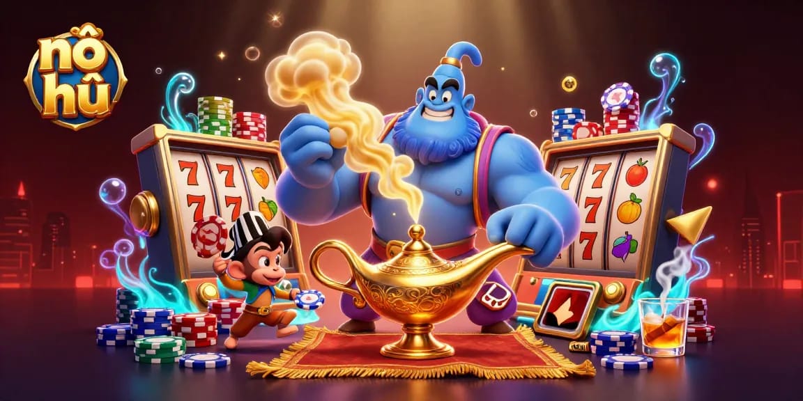 Nổ hũ game scene with a genie, monkey, and poker chips enhancing the excitement of online slots.