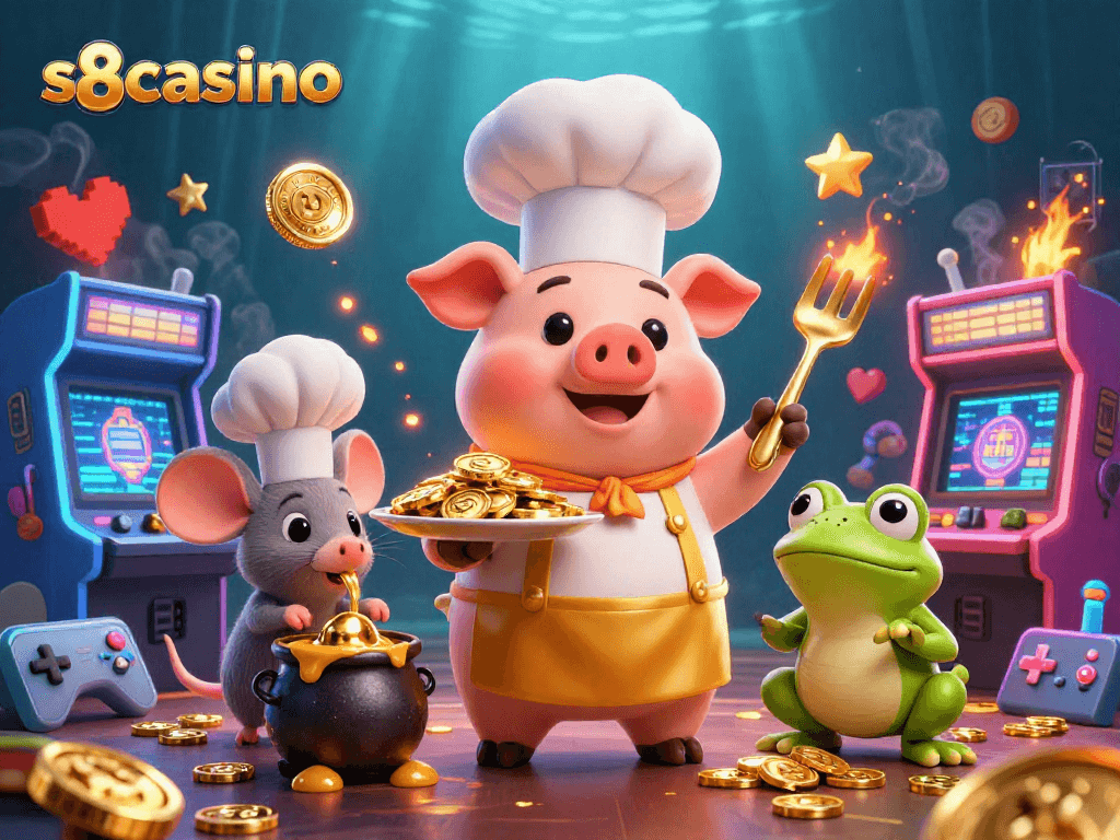 Delight in winning gold at s8casino with a 3D chef pig serving golden coins.