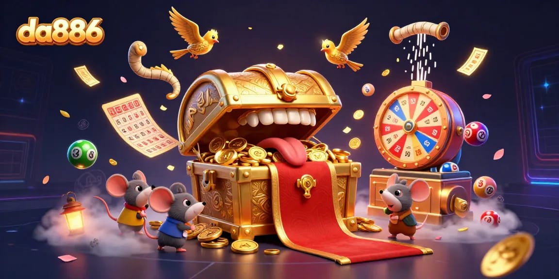 Engage in thrilling lottery gameplay with da886's enchanting golden chest mimic, vibrant game elements, and dynamic atmosphere.