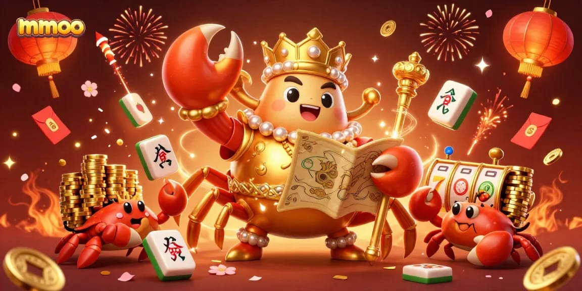 Engage in thrilling mmoo casino action with a majestic crab emperor, treasure maps, and vibrant slot symbols.