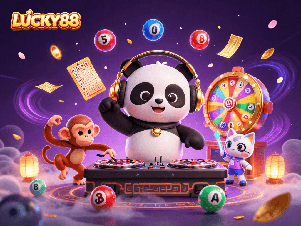 LUCKY88 lights up the scene with vibrant lottery elements and lively characters at a casino party.