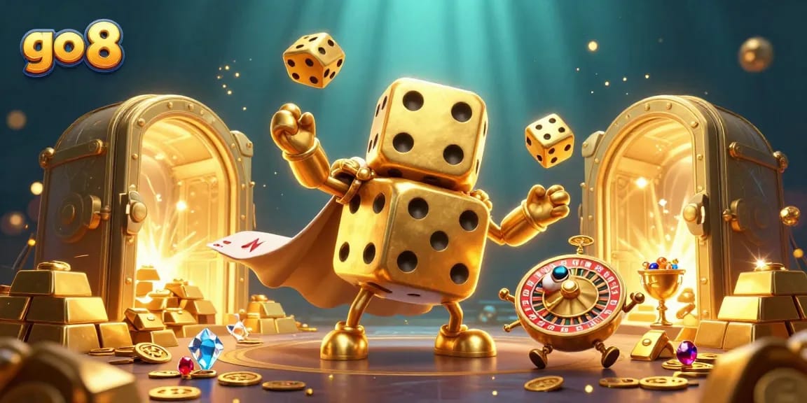 Join the excitement at go 8 with a vibrant scene of casino fun showcasing golden dice and treasure!