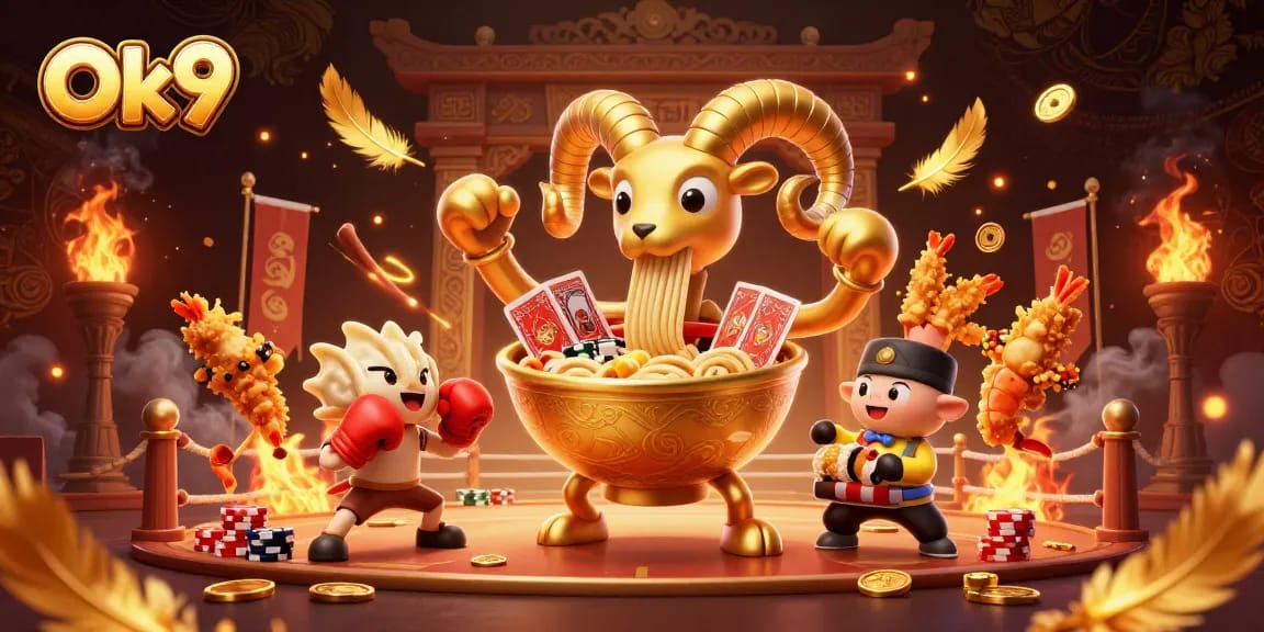 Engage with the vibrant world of Ok9 casino featuring a giant golden ramen bowl dealing cards and chips.