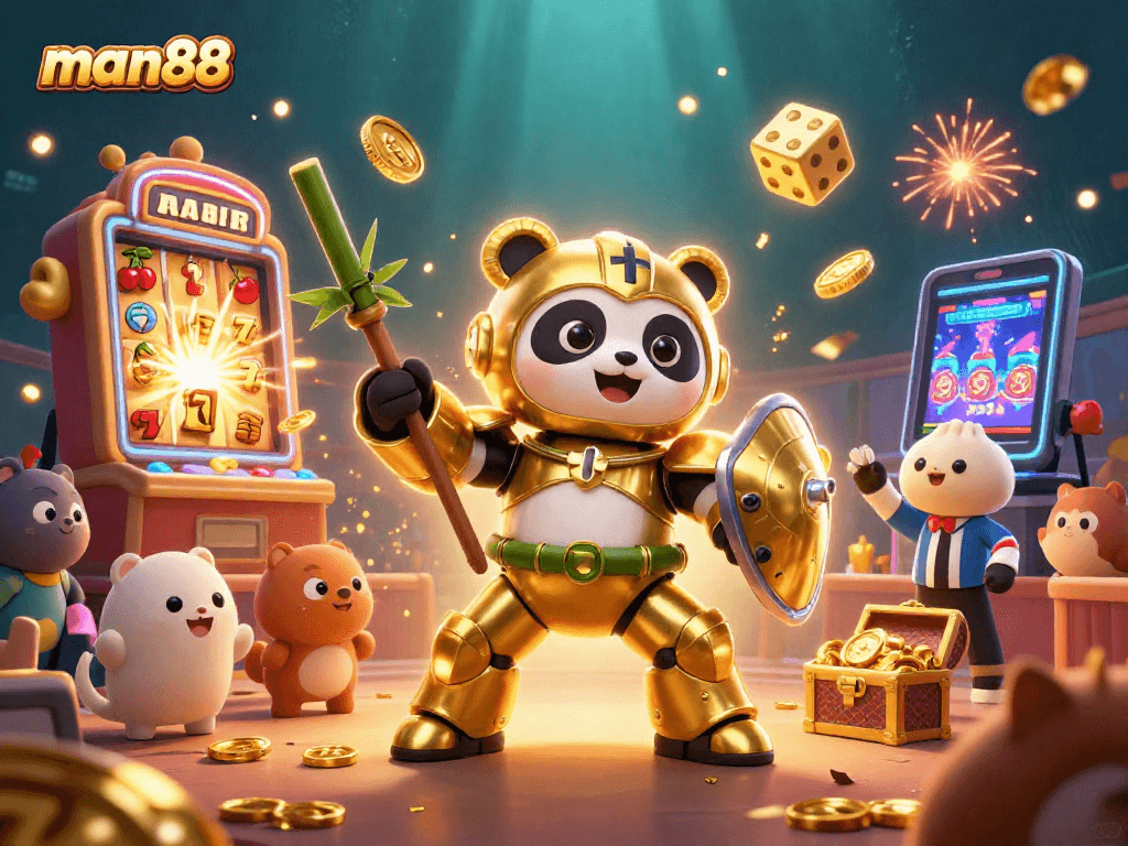 Experience thrilling gameplay at man88 with a golden panda wielding a chopstick-lance amidst a jackpot explosion.