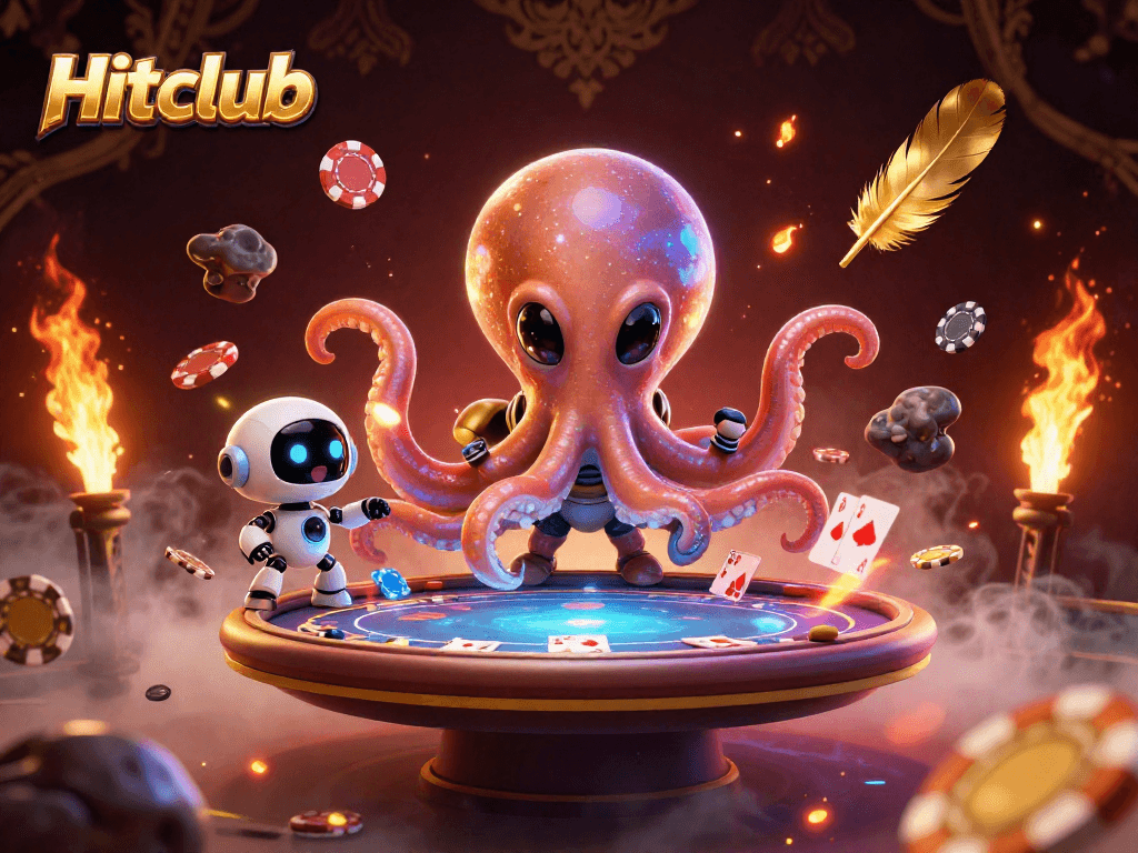 The Hitclub alien octopus deals poker with vibrant cosmic elements and golden coins.