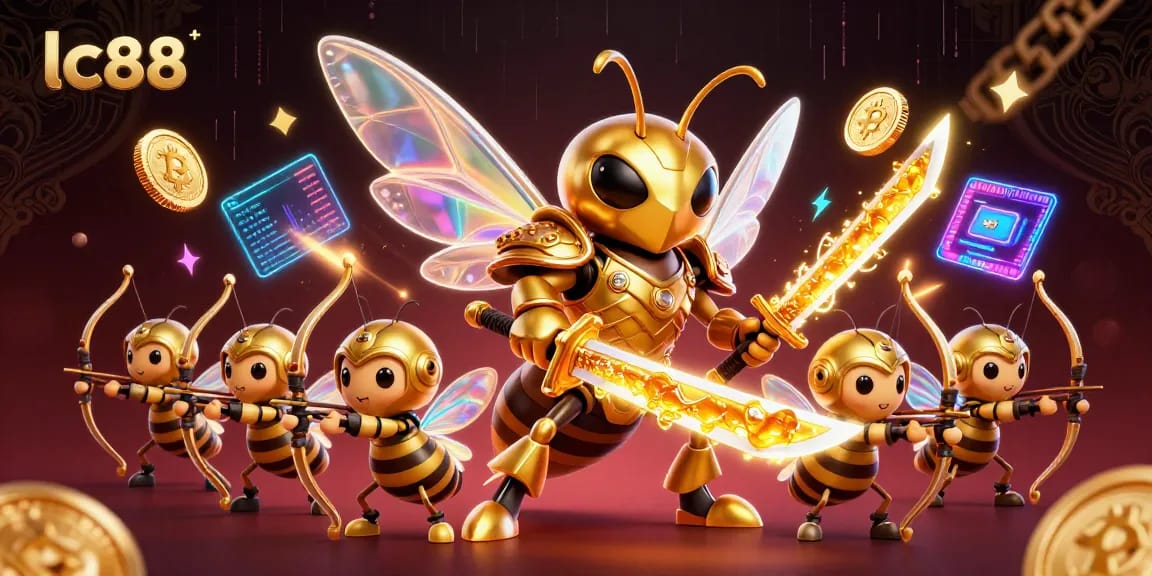 Play exciting games on lc88 with a vibrant 3D scene featuring a golden hornet and crypto elements.