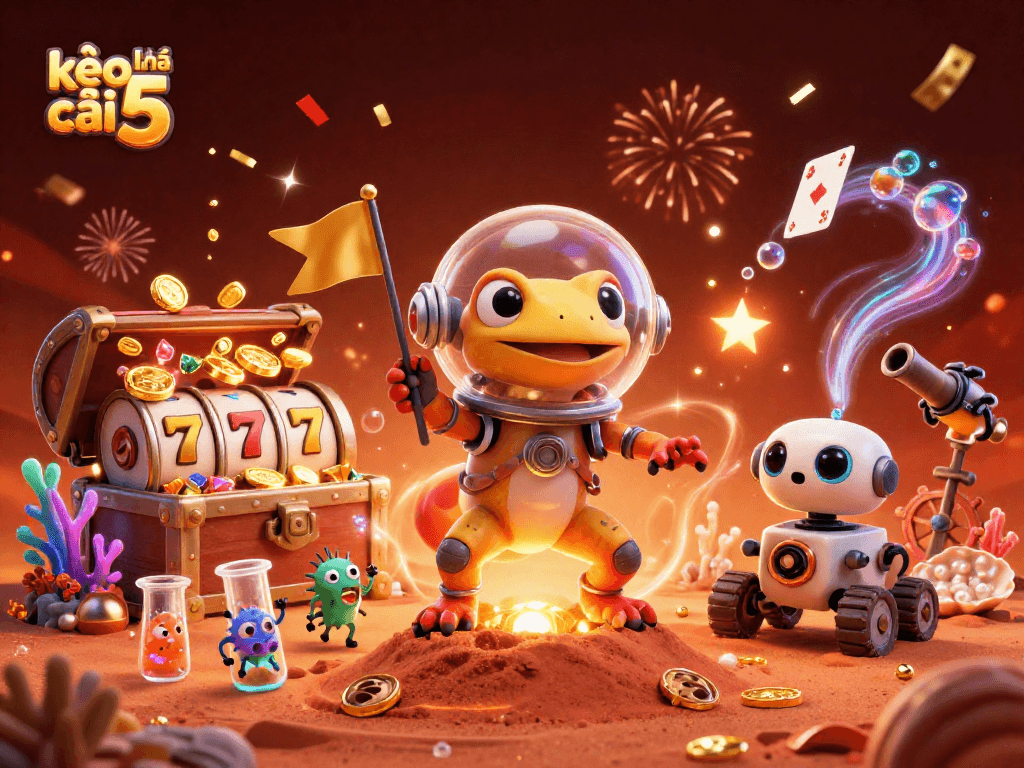 Engage with kèo nhà cái 5 in a vibrant 3D illustration featuring a Martian gecko discovering a gold casino.