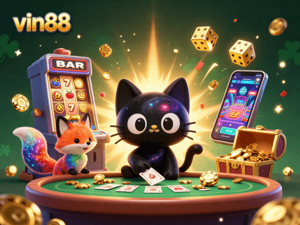 Spin the reels at vin88’s cosmic casino, featuring a black hole cat and vibrant elements.