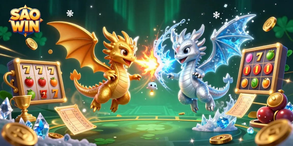 Engage with SAO WIN's dynamic online slots scene featuring mythical dragons and vibrant gaming elements.