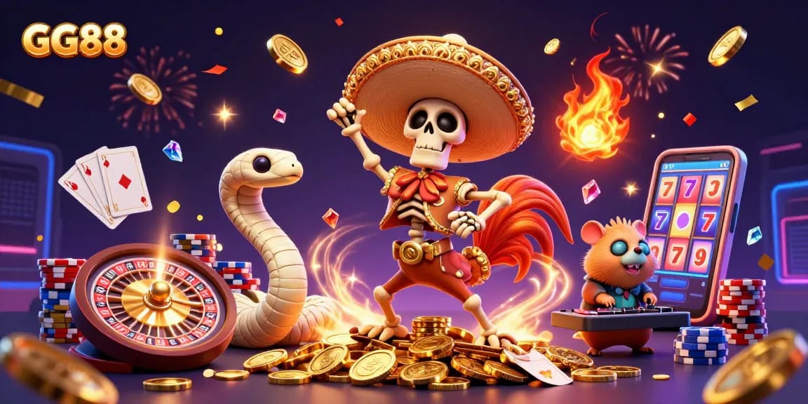 Experience thrilling gameplay at GG88 with vibrant casino elements and dynamic characters celebrating big wins.