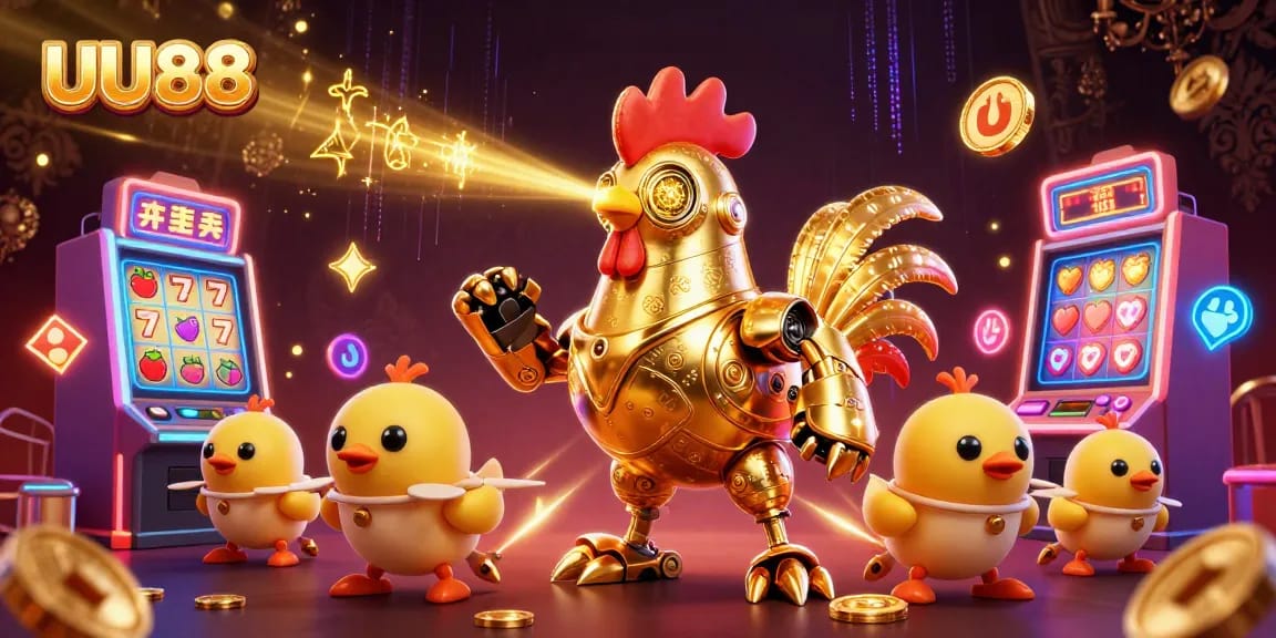 Engage in thrilling slot gameplay with UU88's retro-futuristic characters amidst vibrant machines.