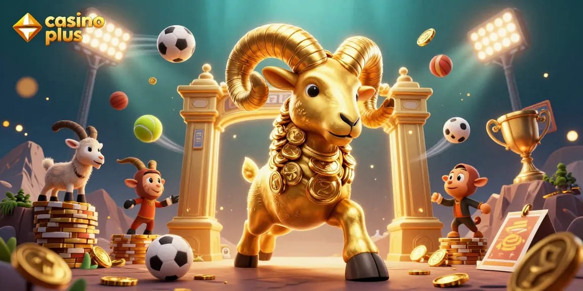 Experience thrilling live betting at casino plus, featuring a dynamic golden ram and sports elements.