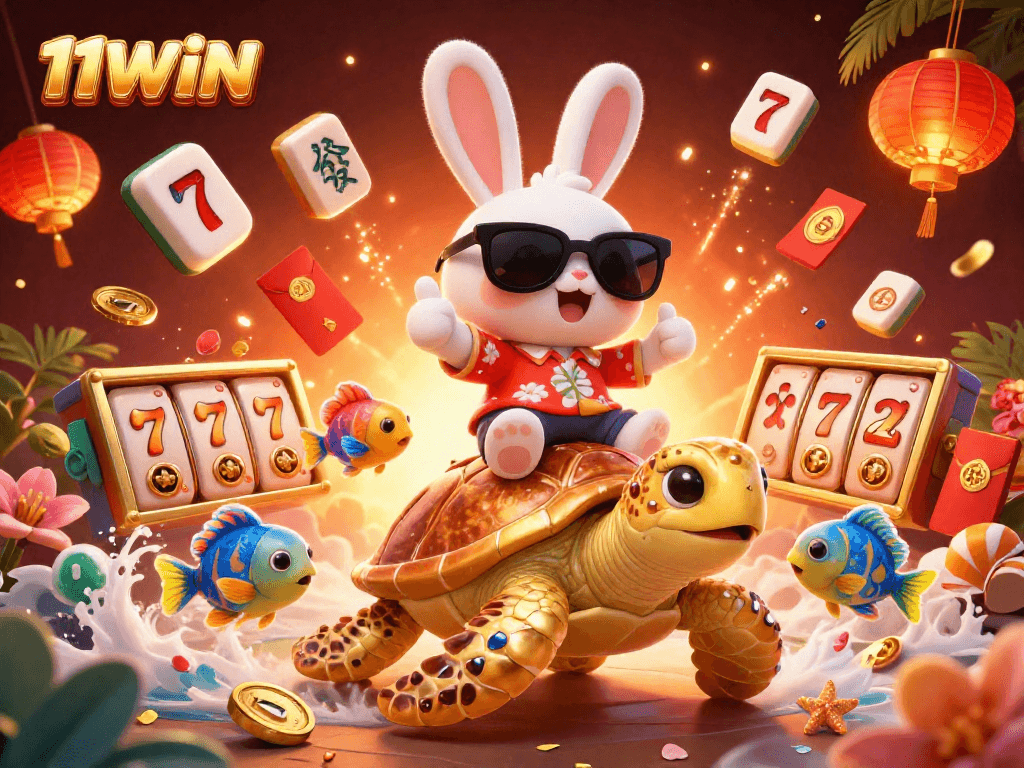 Experience exciting wins with 11WIN’s vibrant casino elements and lucky characters in this dynamic illustration.