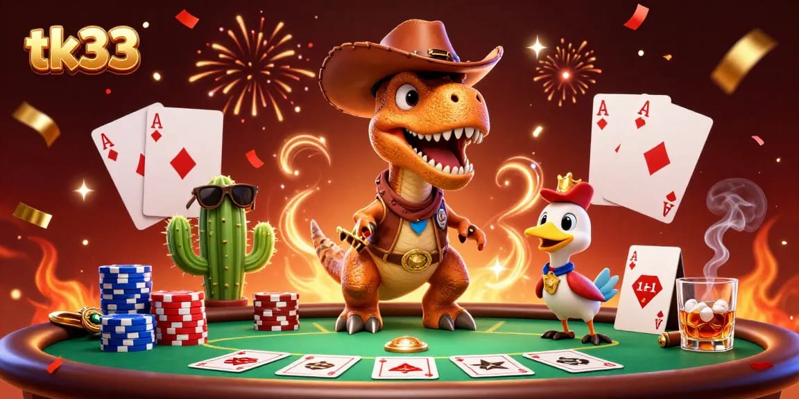 Experience thrilling poker action with tk33 as a T-Rex dinosaur and friends celebrate winning hands amidst a vibrant casino scene.