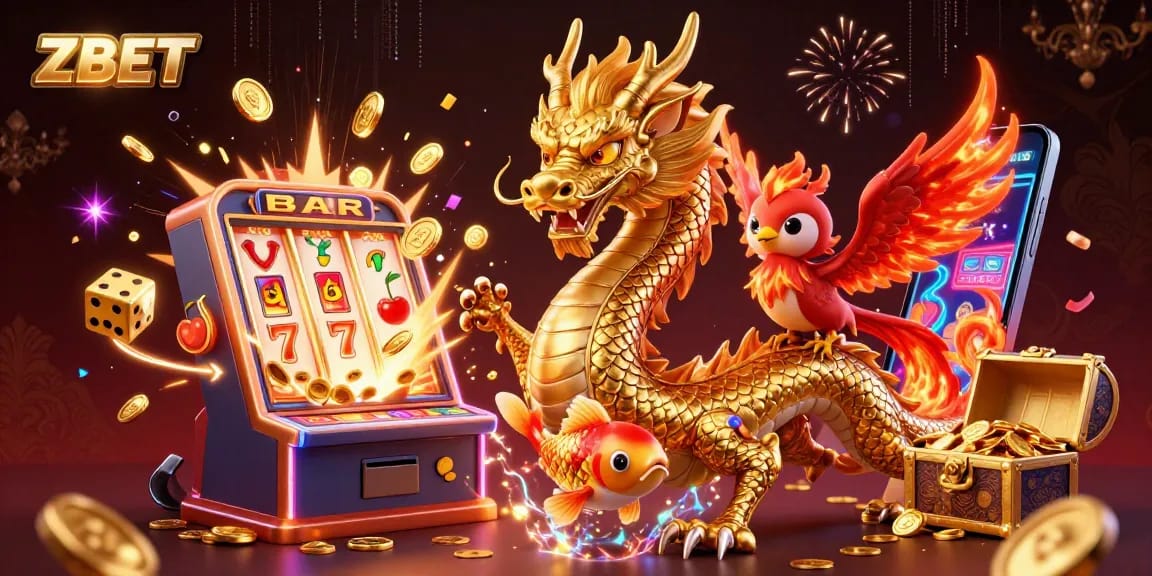Experience ZBET's thrilling casino atmosphere with a golden dragon, phoenix, and koi fish amidst jackpots and game elements.