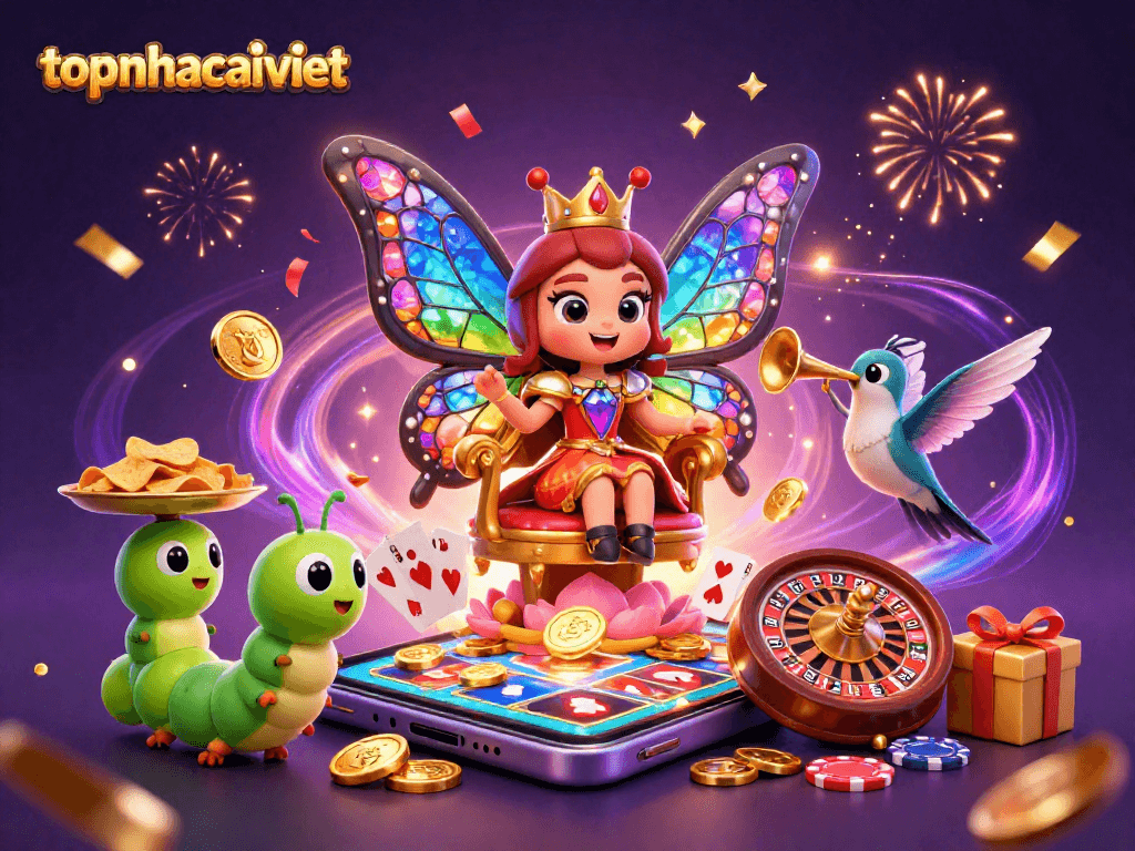 Experience the magical world of online gaming with topnhacaiviet’s vibrant casino illustration featuring exciting game elements.
