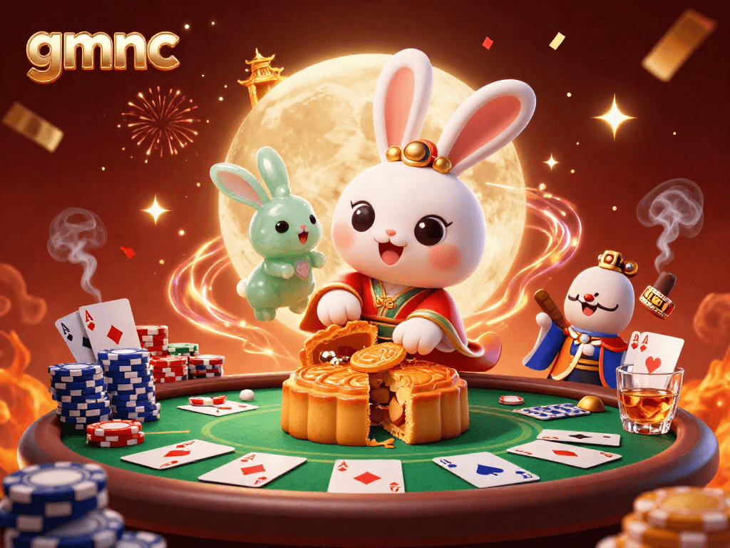 Win big at gmnc with a dynamic poker scene featuring a moon rabbit and poker chips.