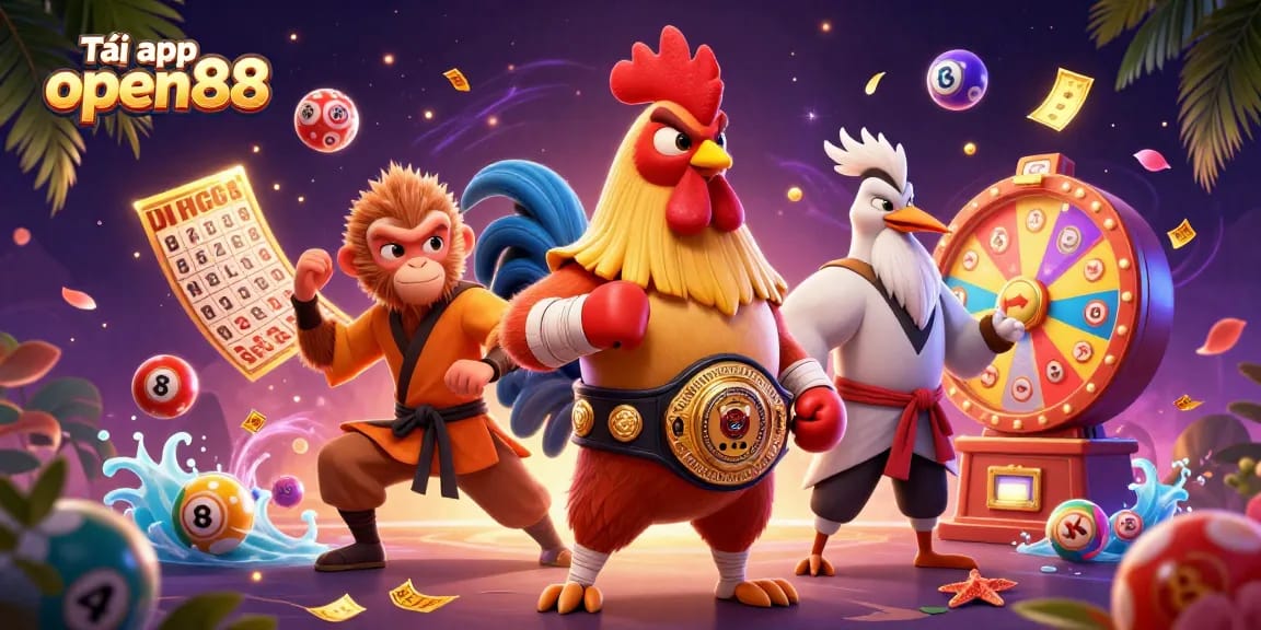 Tải app open88 to join the fun with a Muay Thai rooster, Shaolin monkey, and a wise crane in a vibrant casino scene.