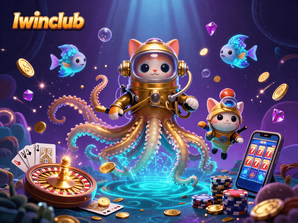 Iwinclub showcases a thrilling 3D scene featuring a kraken, diving cat, and deep-sea fish immersed in dynamic gambling elements.