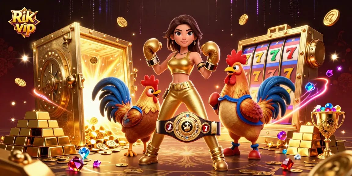 Engage with Rik vip as a stunning woman and cartoon rooster battle for riches in a thrilling casino scene.