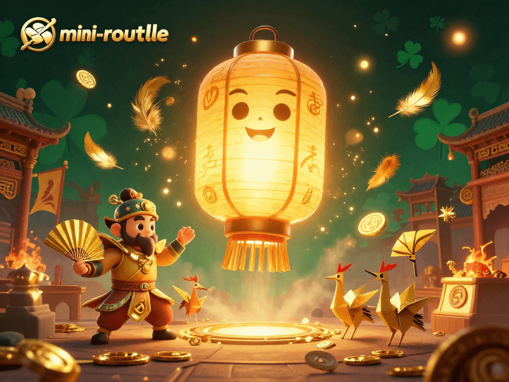 Engage in mini-roulette with a vibrant casino scene featuring golden lanterns and luck symbols.