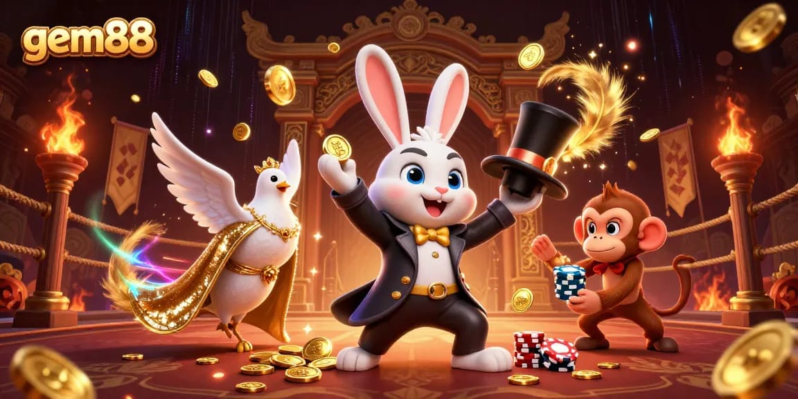 Experience thrilling gaming at gem88 with a charismatic magician rabbit, a disco dove, and a cheeky monkey.