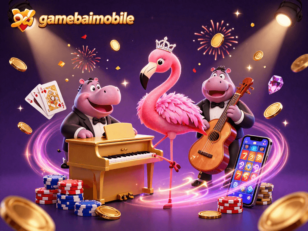 Play thrilling games and win big with gamebaimobile's vibrant casino scene, featuring a flamingo and hippo.