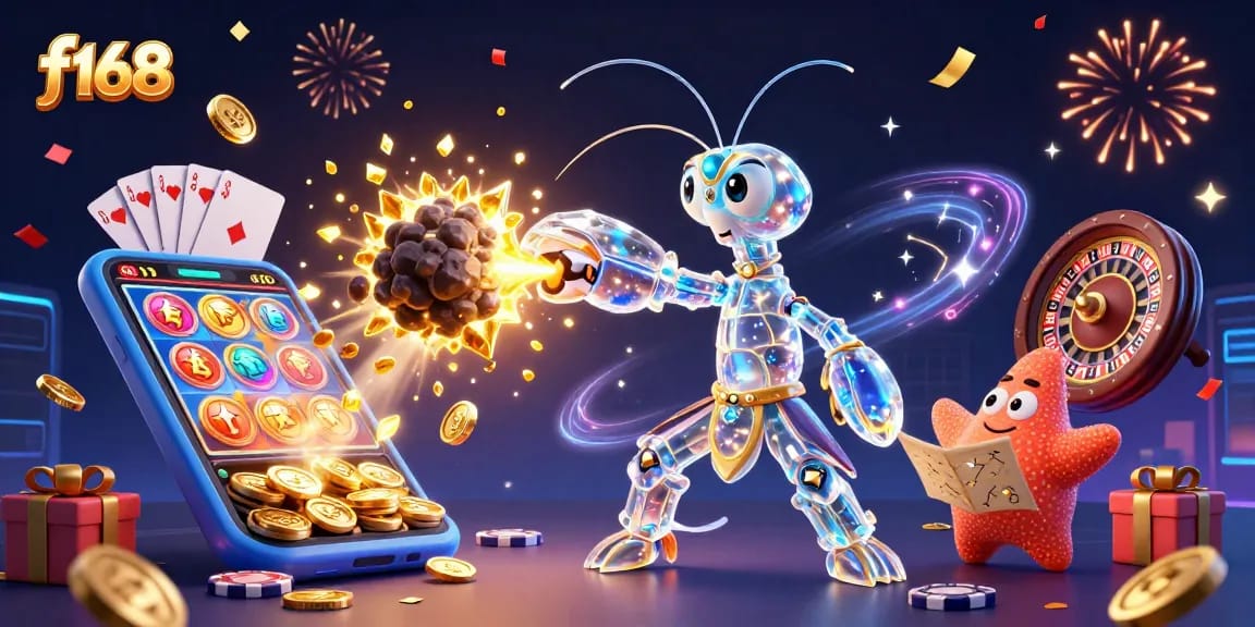 Experience thrilling games at f168 as the galactic samurai wins golden gems and coins in this vibrant casino scene.