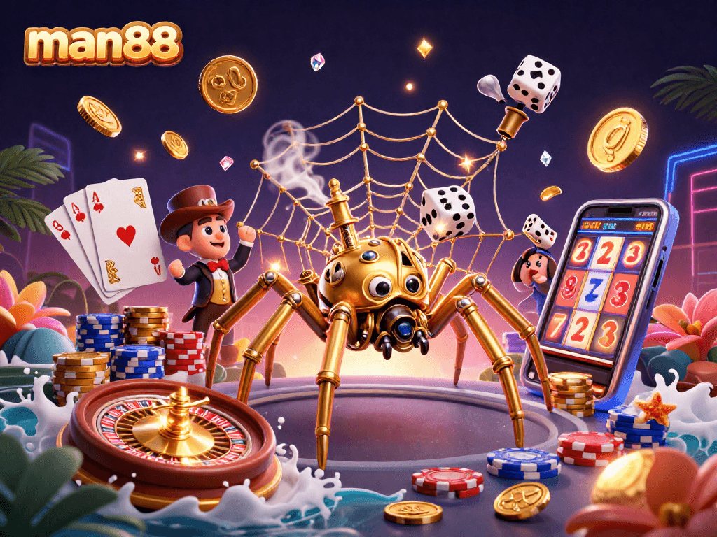 Experience thrilling gameplay with man88 at a vibrant 3D casino illustration featuring steampunk characters.