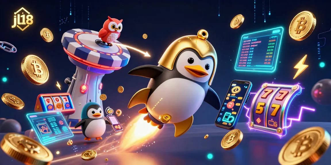 Engage in thrilling gaming action at jl18 with a golden penguin and vibrant casino elements.