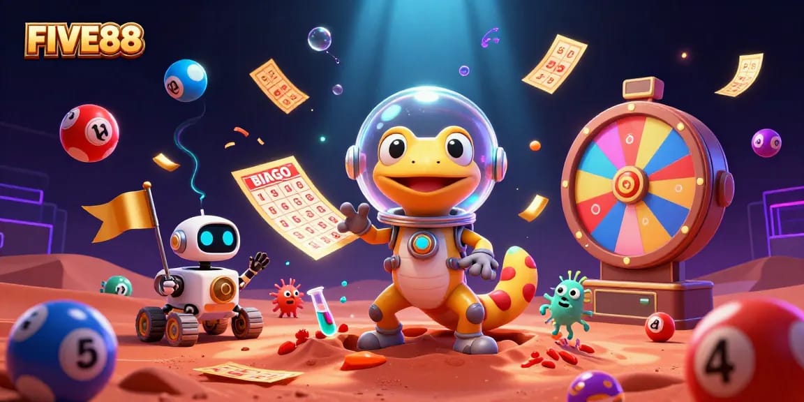Engage in thrilling gameplay at FIVE88 with vibrant lottery elements and a Martian gecko discovery scene.