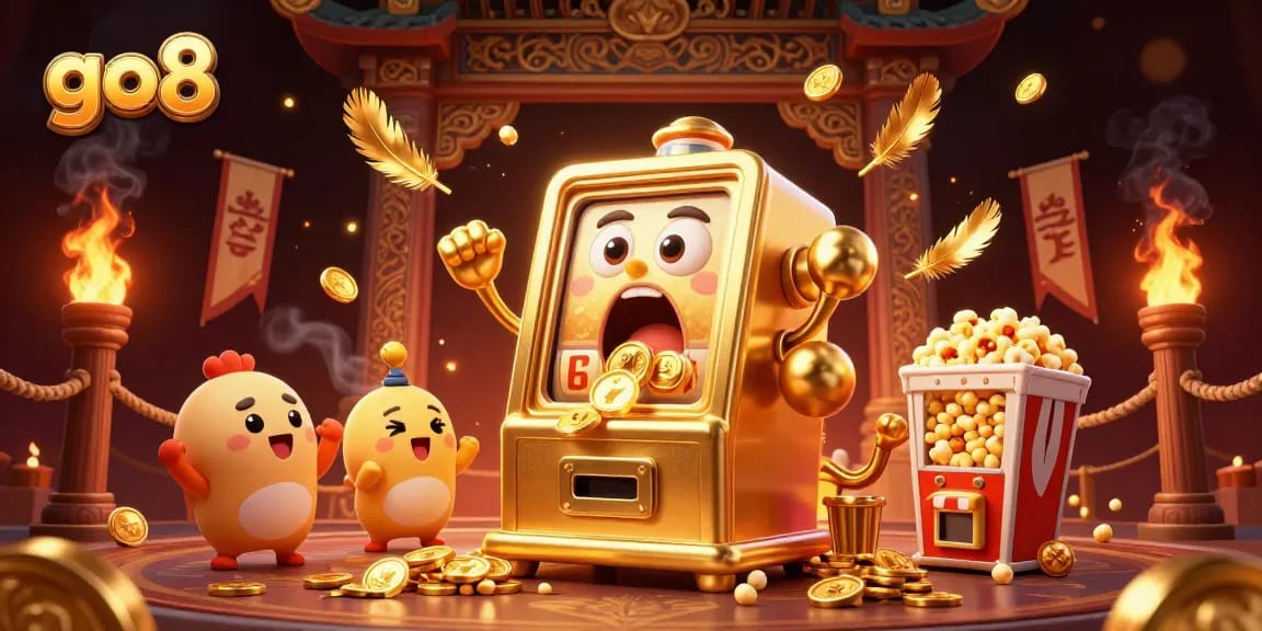 Experience thrilling wins at go8, featuring a golden slot machine celebrating its jackpot amidst exciting gaming elements.