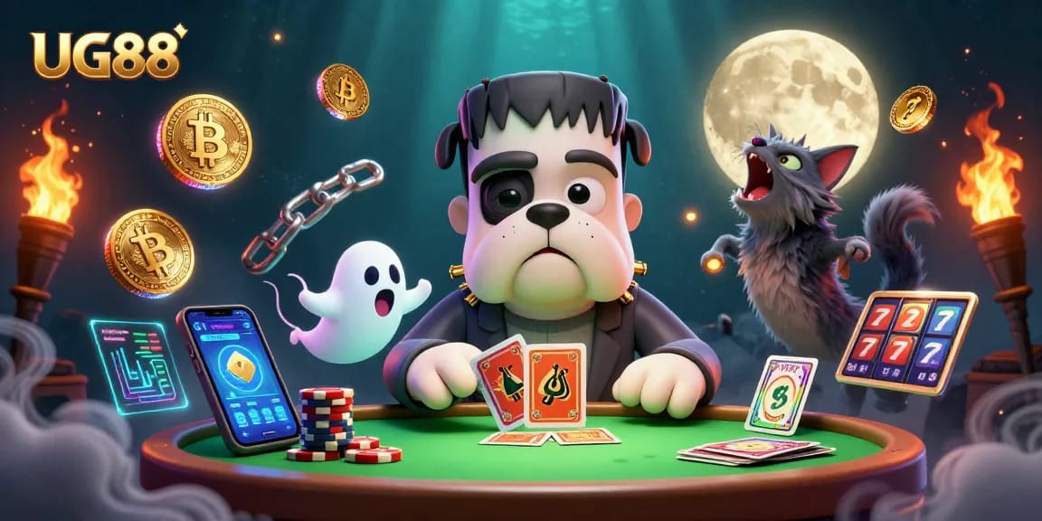 Engage in gaming action with UG88 at a lively casino scene featuring unique characters and vibrant casino elements.