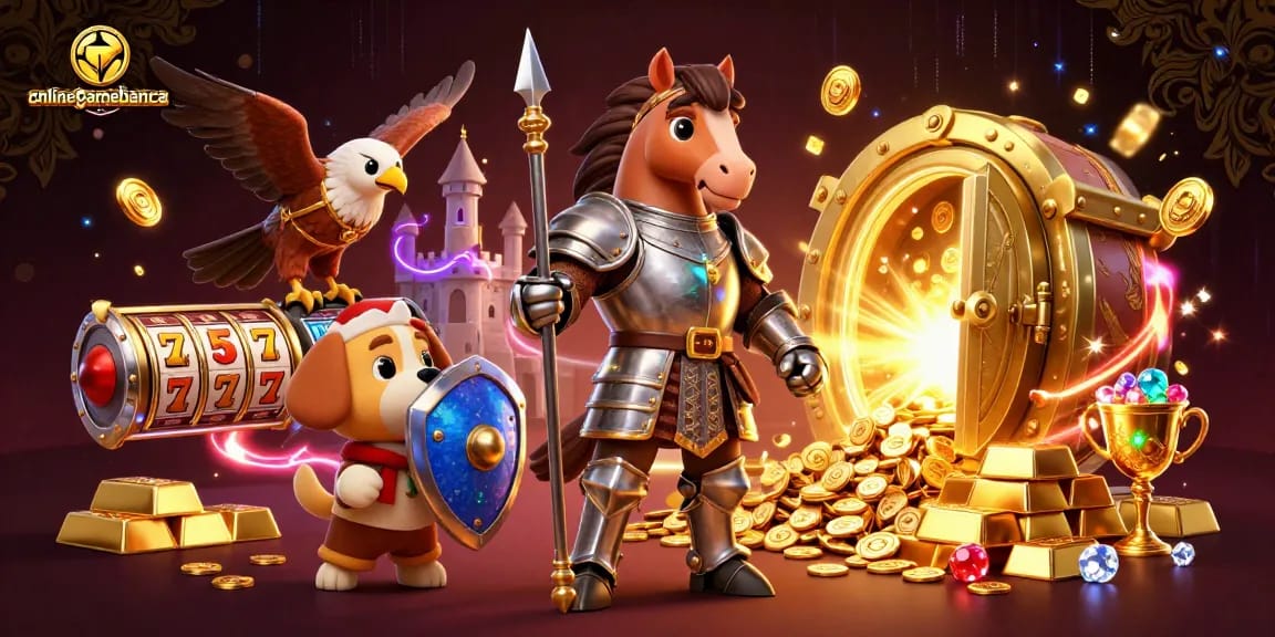 Experience onlinegamebanca with a knight and companions amidst a treasure-filled casino scene.